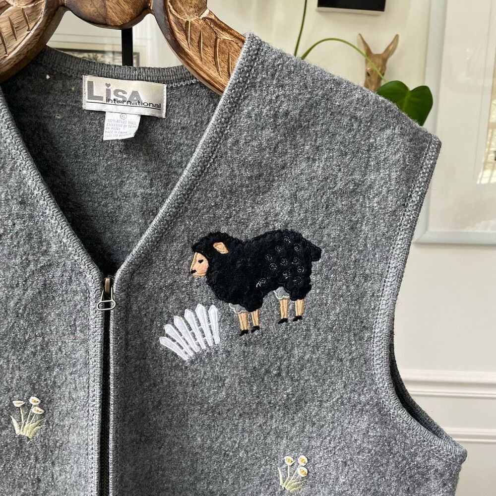 Vintage Boiled Wool Sheep Applique Full Zip Vest Grey XL - Picture 2 of 9